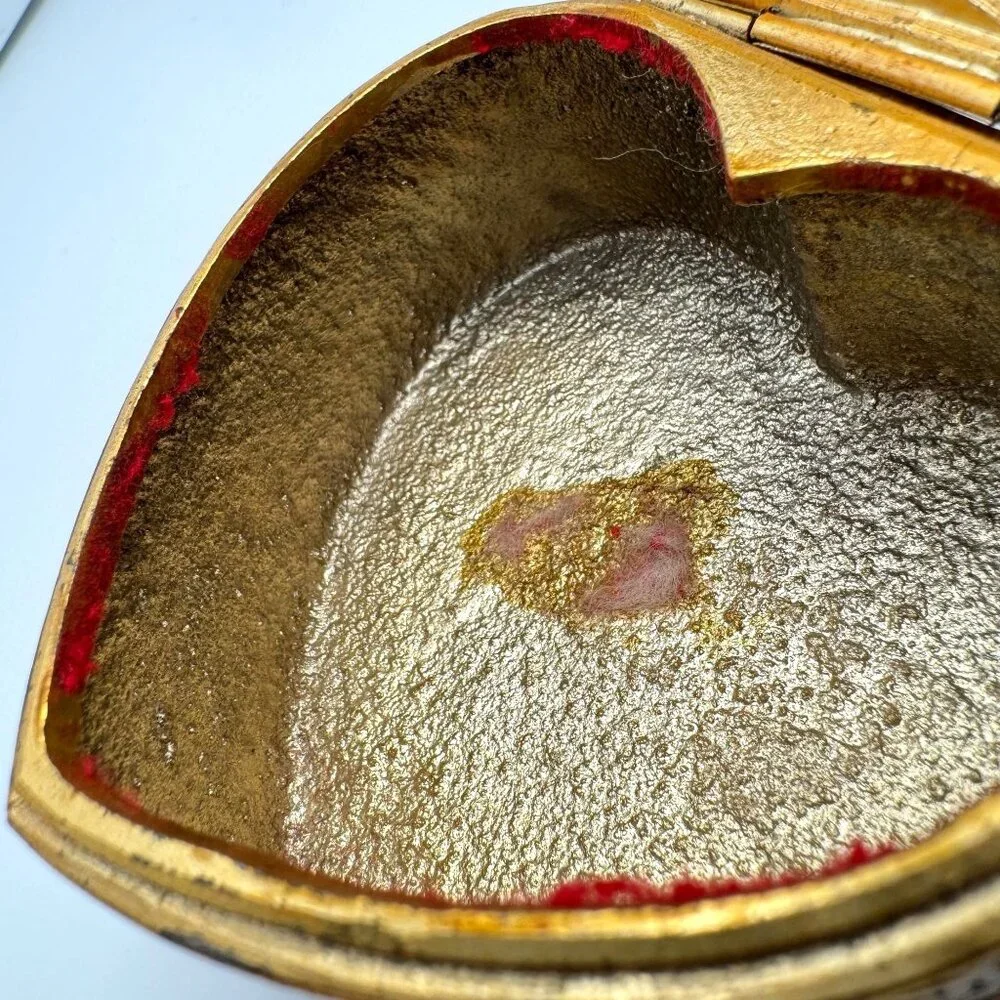 Schmid Bros Vtg Heart-Shaped Metal Trinket Box Silk Art Lid 